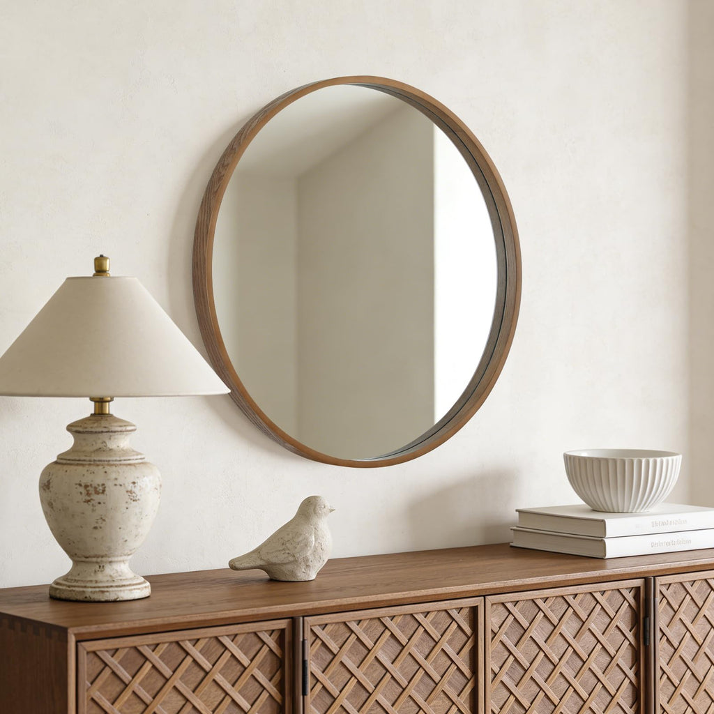 Circle Mirror with Wood Frame, 28" Round Modern Decoration Large Home Decor Mirror Living Room Bedroom Entryway (28"