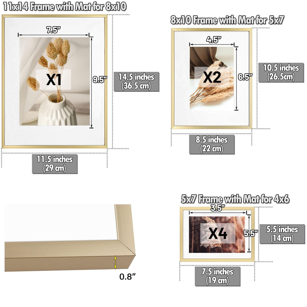 7 Pack Gold Aluminum Frame with White Mat, Real Glass