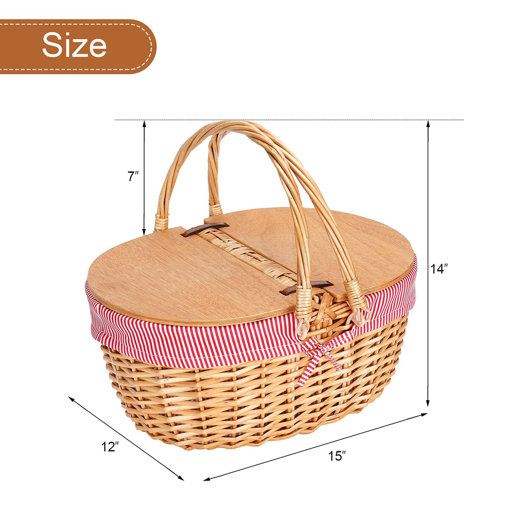 Wicker Picnic Basket with Liner, Wooden Split Lid Picnic Basket, Red