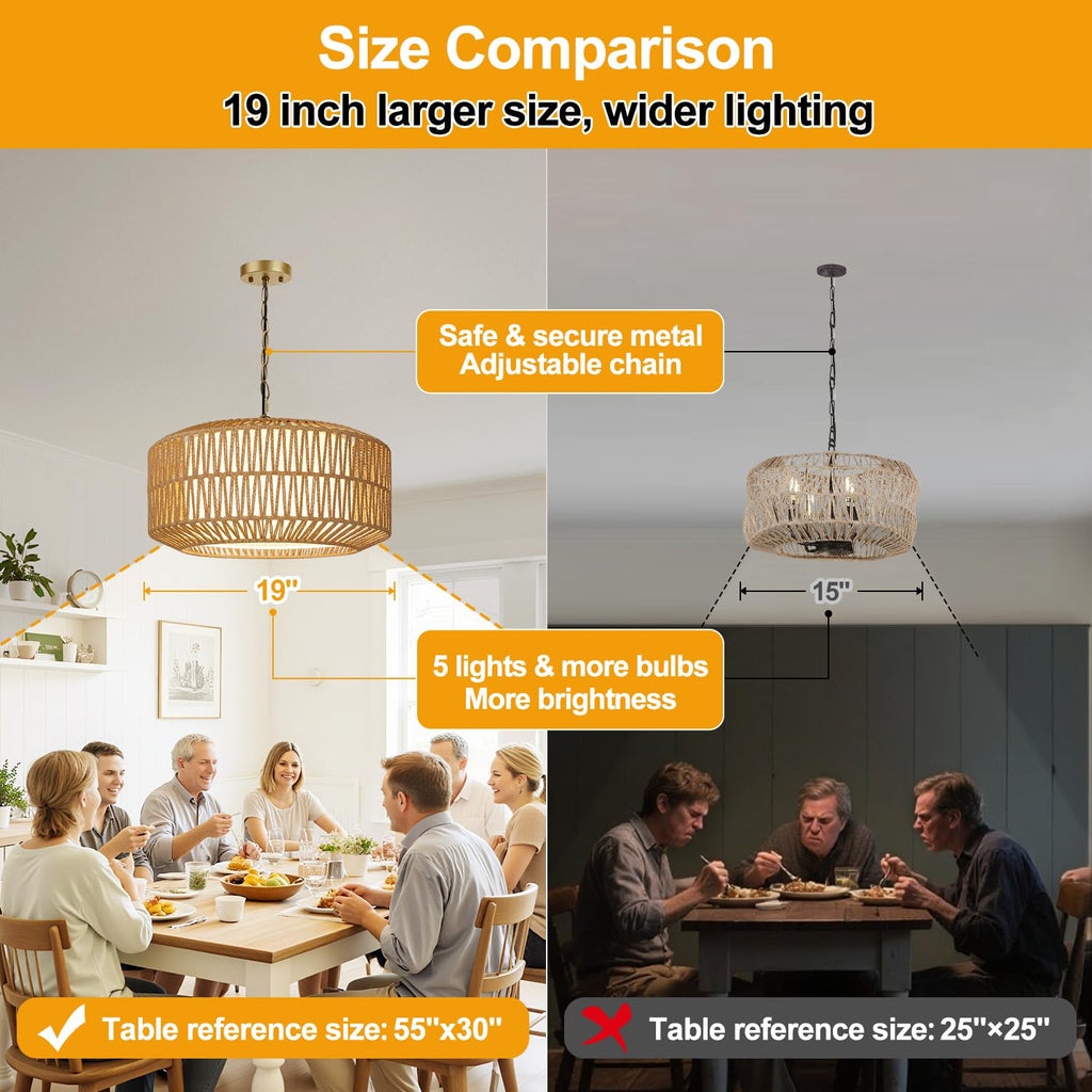 19" Rattan Chandelier, Gold Boho Dining Room Light Fixture