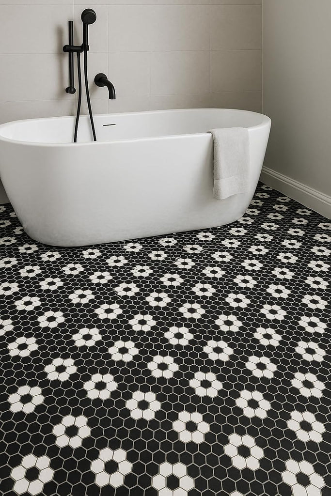 Hexagon Glossy Black and White Flower Porcelain Mosaic Tile - Kitchen Backsplash, Bathroom Wall & Shower Floor Tile