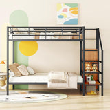 Full Over Full Metal Bunk Bed with Storage Stairs and Wardrobe, Bunk Bed for Adults/Kids/Teens, Black