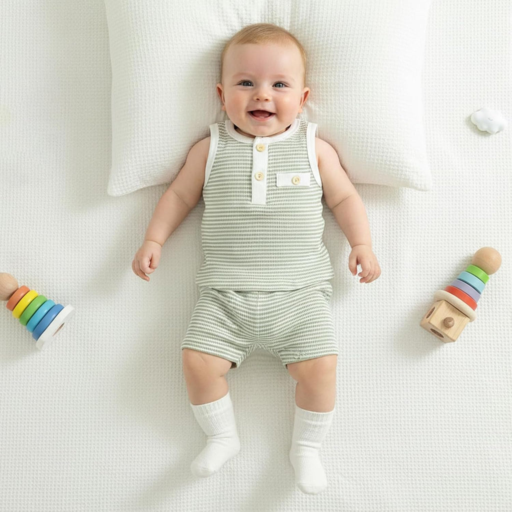 Toddler Baby Boy Stripe Waffle Sleeveless Shirt Shorts Set