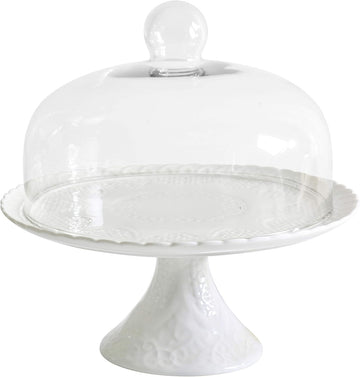 12 Inches White Porcelain Cake Stand-Cupcake Stand with Glass Dome