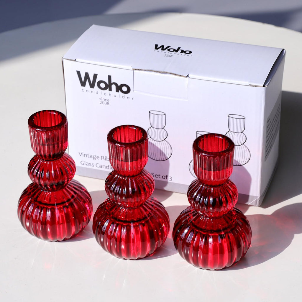 3pcs Red Taper Candle Holders Glass, Candlestick Holders for Christmas