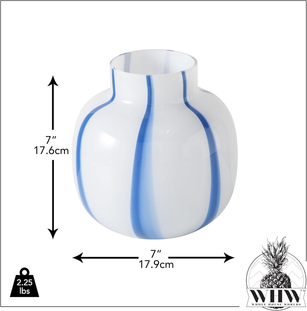 Coastal Blue and White Round Vase, Pomegranate Shape, Stripes, Glass, 7 Inches, Murano Style