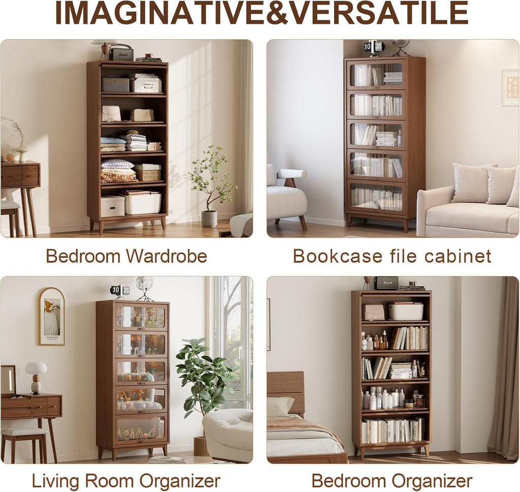 Solid Wood Bookcase with Tempered Glass Doors - Spacious 5-Tier Storage Shelf with Glass-Front Design, Flip-Top