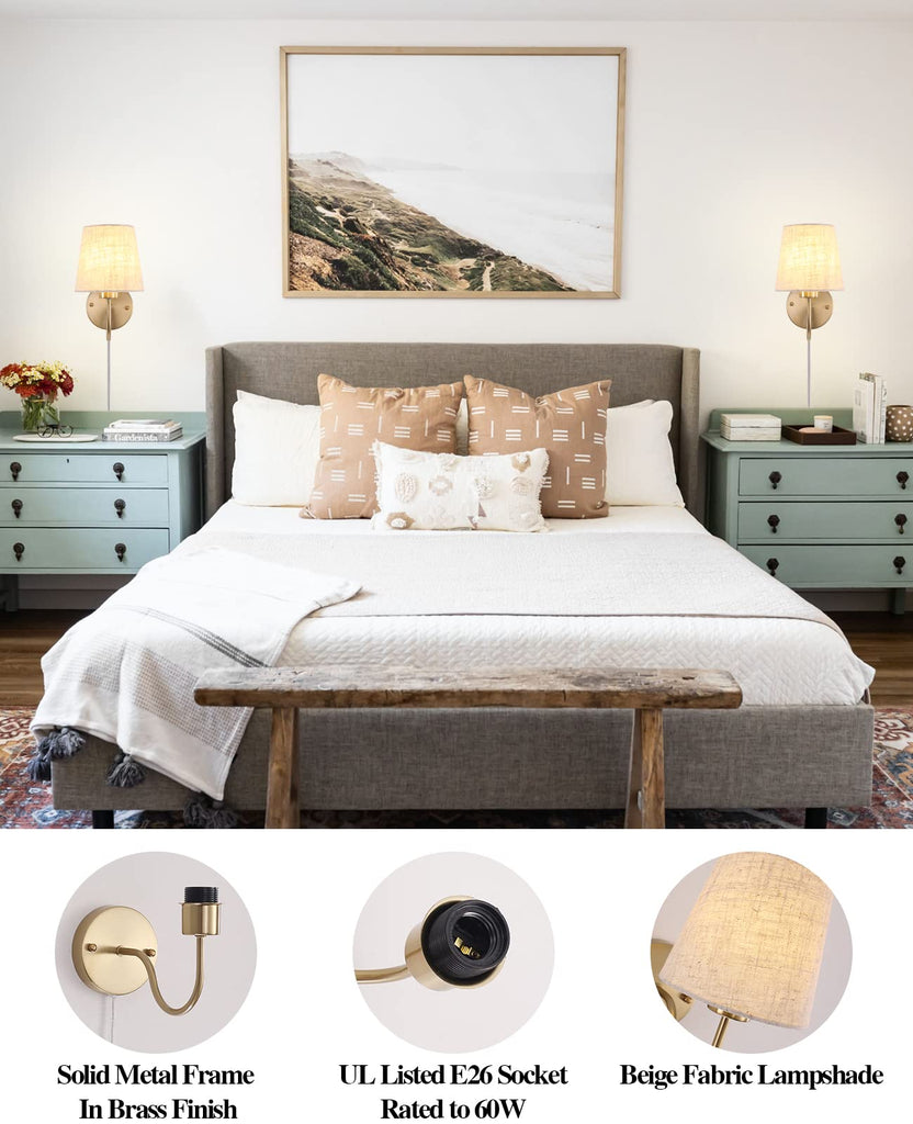Plug in Wall Sconces Set of Two, Gold Bedside Wall Lamps Lights