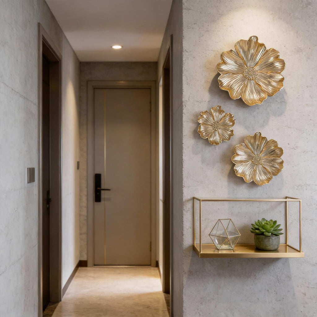 Gold Resin Floral Wall Art, Unique Wall Sculpture and Vintage Wall Décor, Perfect, Room, and Bathroom Wall - Set of 3