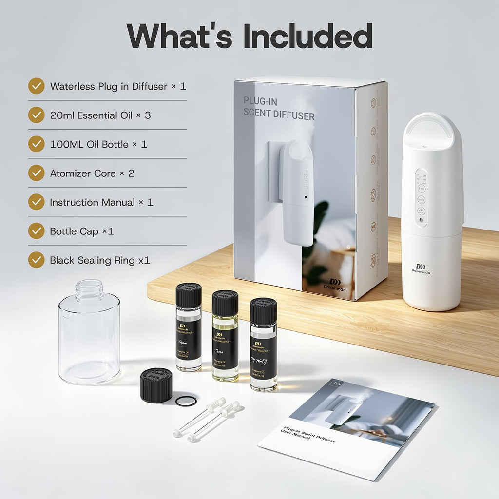 Wall Plug-in Waterless Diffuser with 3×20ml Hotel Scent Essential Oil, White