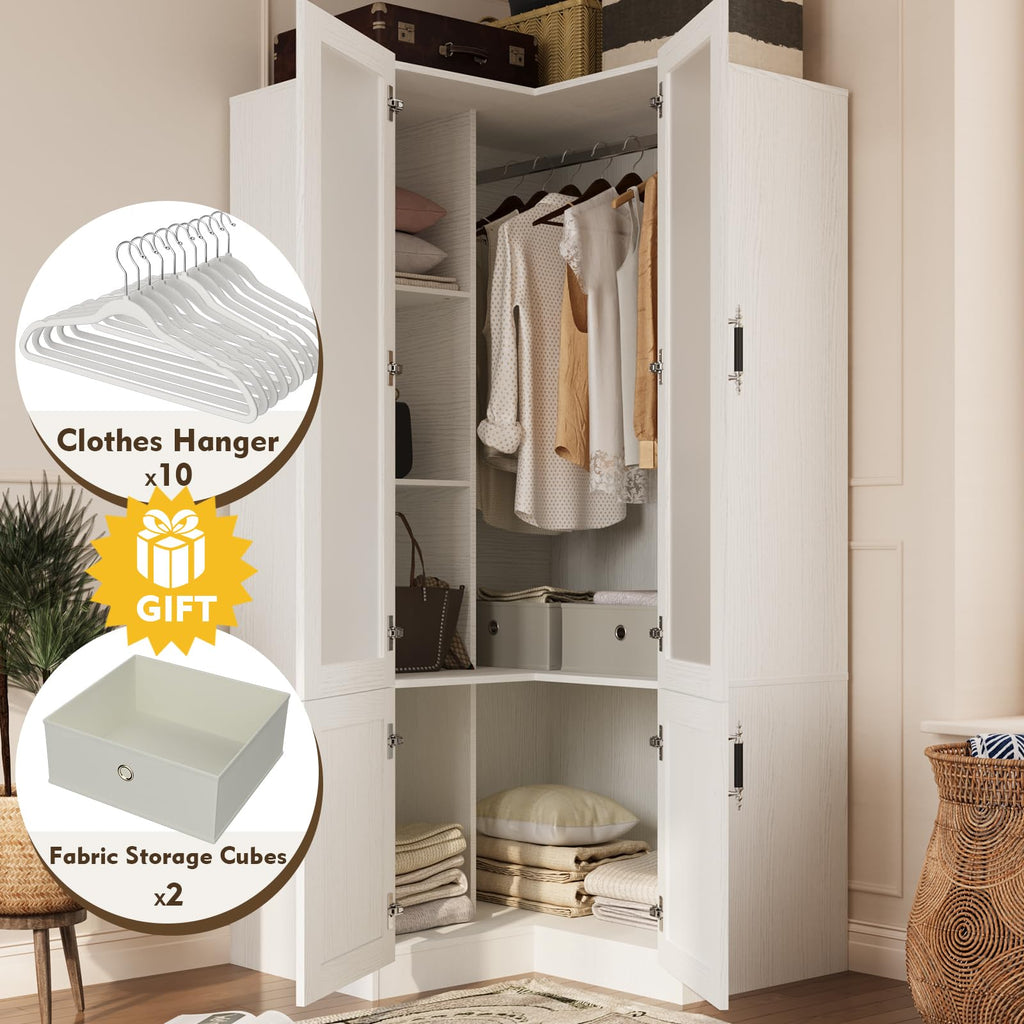 L-Shape Armoire Wardrobe Closet with Frosted Glass Door, 70.9''H Bedroom Clothing Storage Cabinet with Hanging Rod