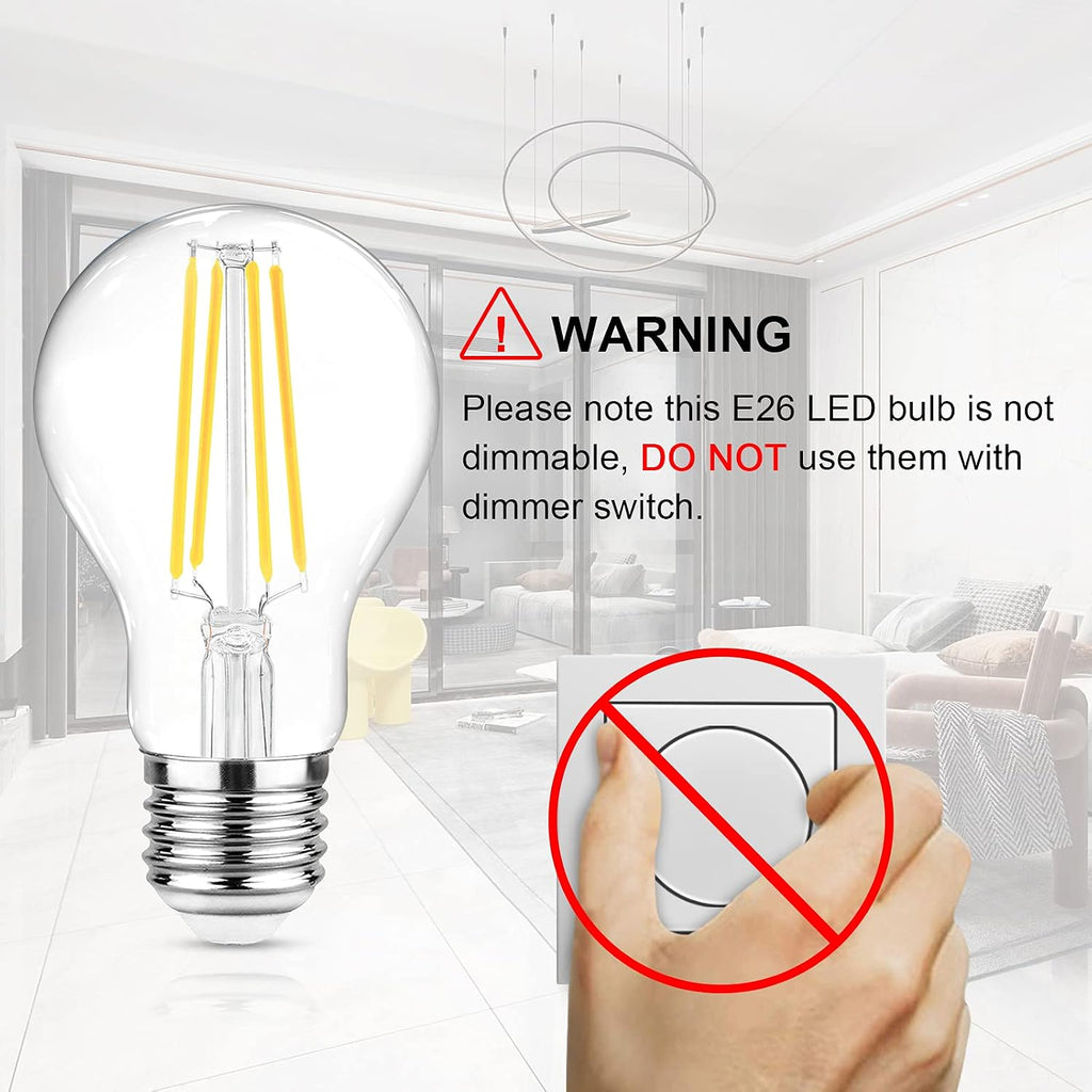 60 Watt Equivalent, E26 LED Filament Light Bulbs, Daylight White 4000K, Non-Dimmable, Classic Clear Glass, A19 LED