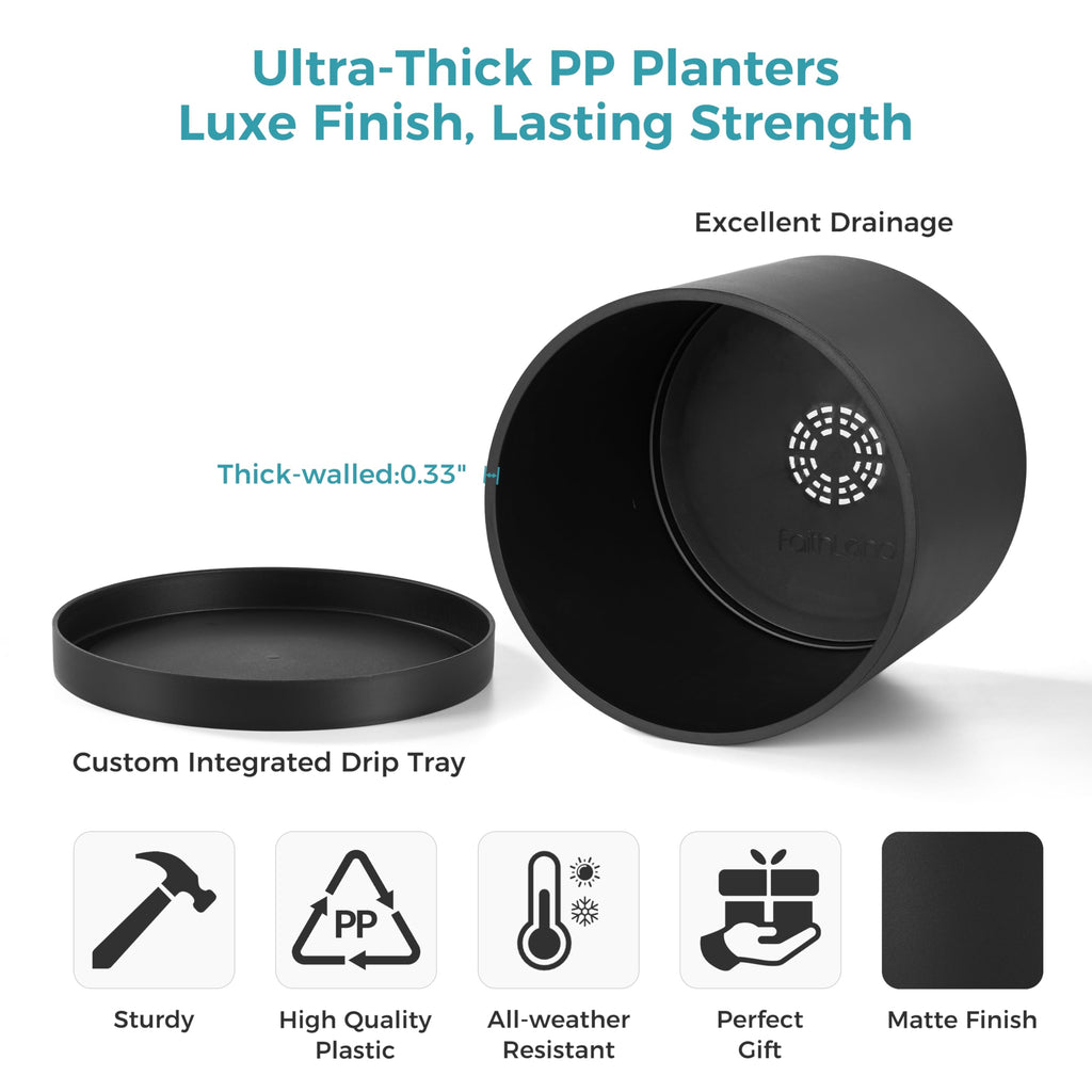 12-Inch Large Modern Cylinder Planter, Thick-Walled Plastic Plant Pot with Drainage Holes and Detachable Saucer