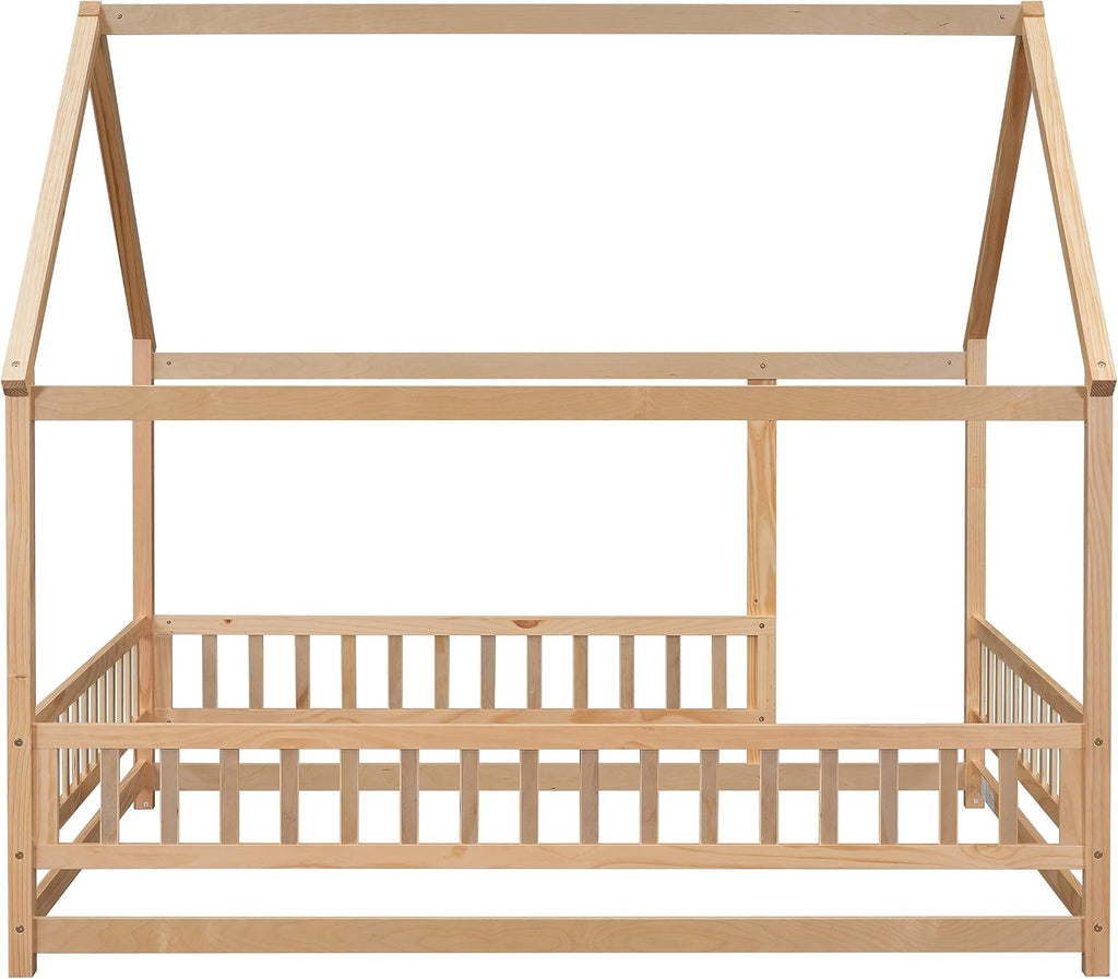Toddler Floor Bed with Roof and Fence, Natural