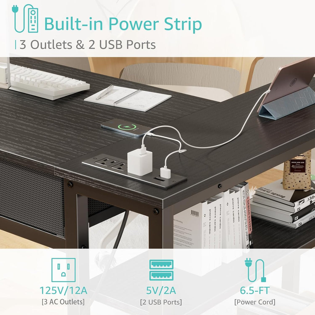 Black Corner Desk for Small Space with Drawers, Reversible Gaming L Shaped Computer Desk with Storage Shelves for