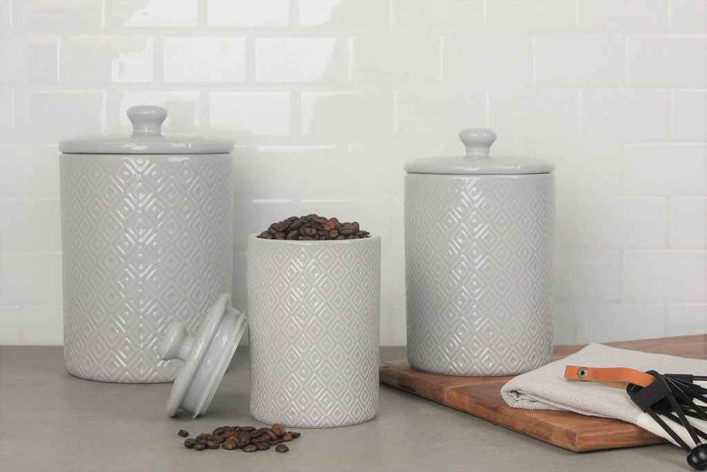 Embossed Diamond Ceramic Kitchen Canister Set, Gray - Set of 3