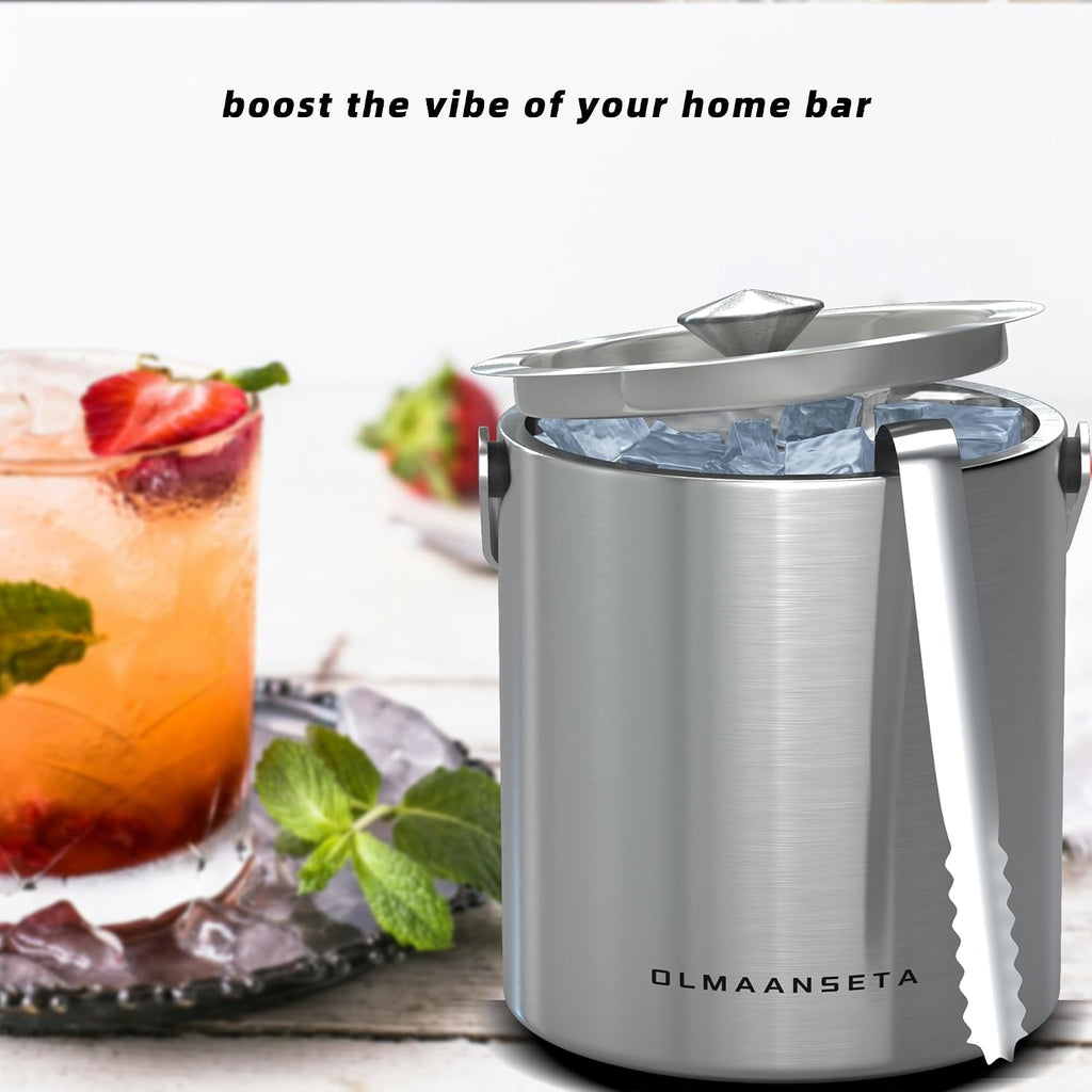 Small Ice Bucket with Lid and Tongs,1.3L Portable Mini Double Walled Ice Cube Bucket for Cocktail Bar Stainless Steel