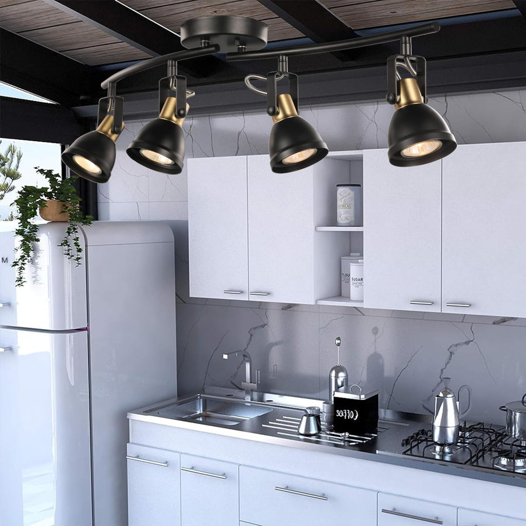 4 Light Track Lighting Kit, Matt Black Brass Finish 4 Way Adjustable with Moden Flush Mount Ceiling Spotlight