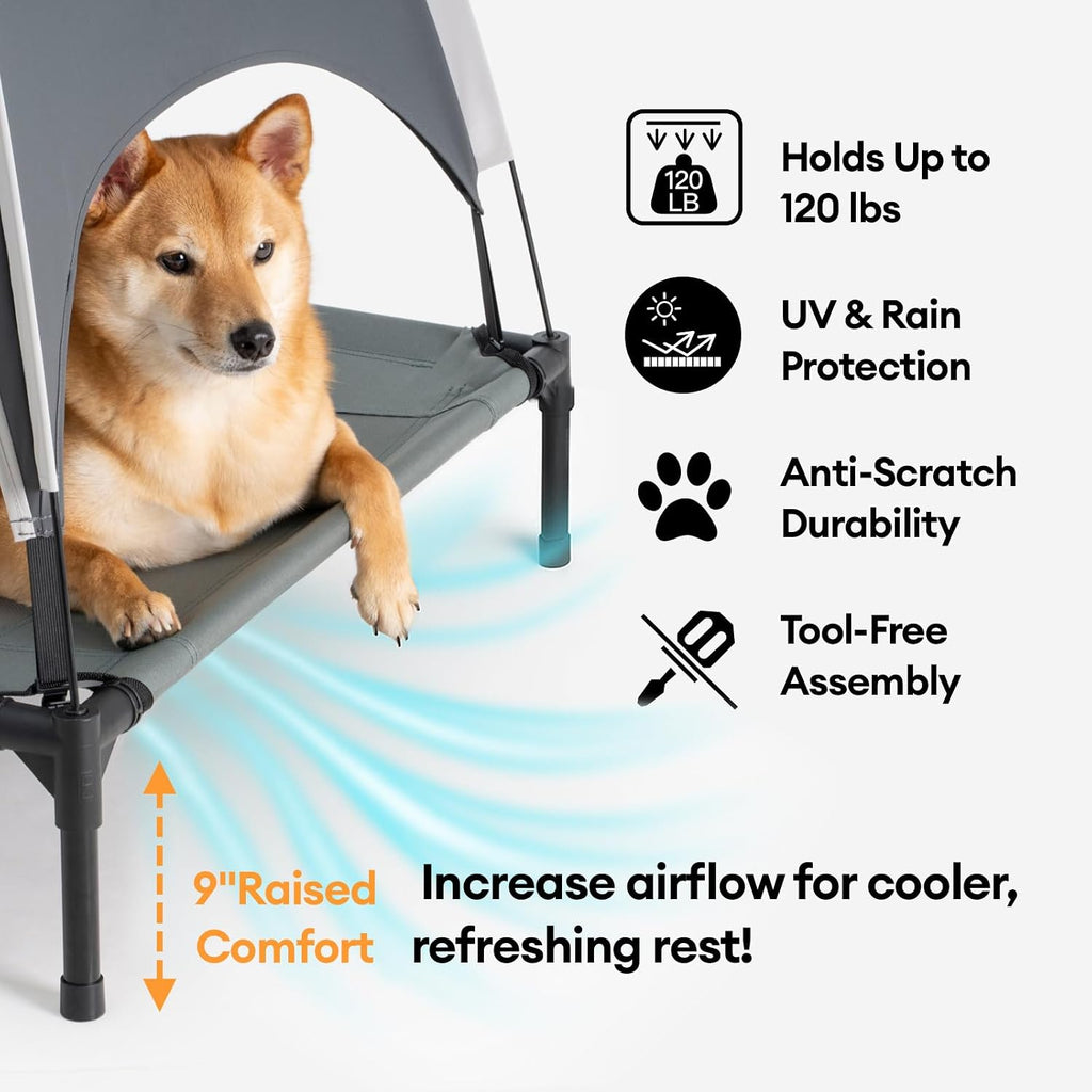 Elevated Cooling Dog Bed with Canopy(30"x24"x7") - Dog Cot Bed for Small, Medium Dogs with UV Shade, Breathable Mesh