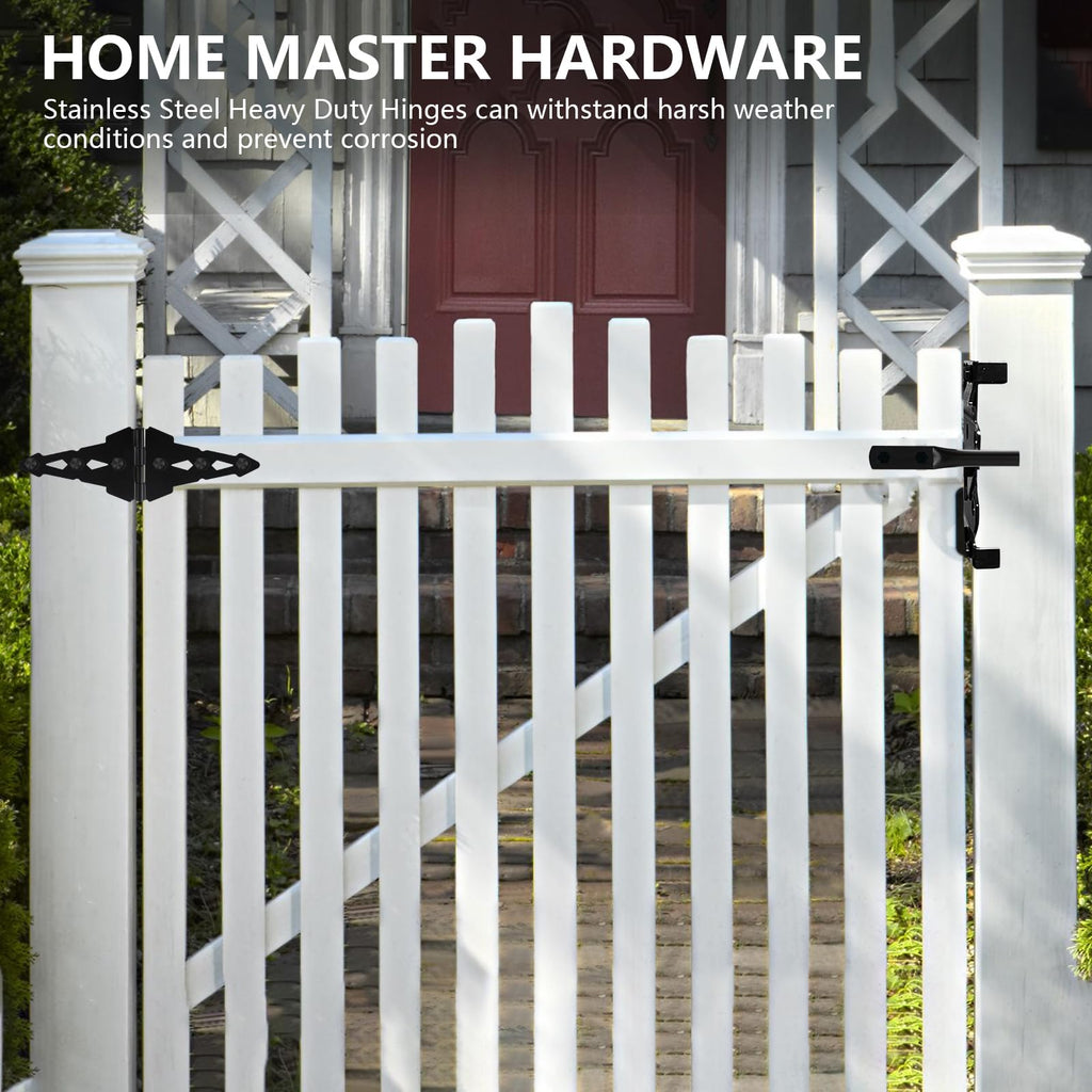 Fence Gate Hardware Kit, 8" Heavy Duty Strap Hinges and Spring Latch, Black