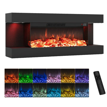 3 Sided Wall Mount Electric Fireplace w/ 40" Floating Mantel, Black