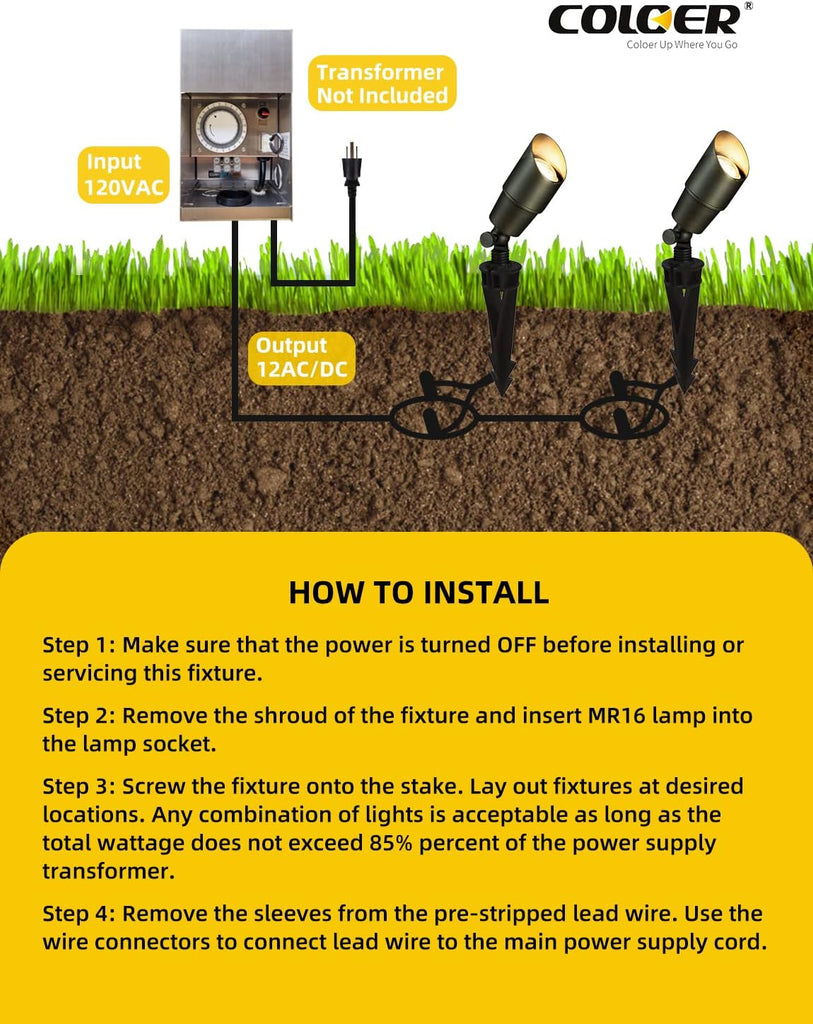 Brass Landscape Spotlights, 6 Pack Spot Lights Outdoor with 5W Aluminum Housing MR16 LED Bulb 2700K 450LM, 12V AC/DC
