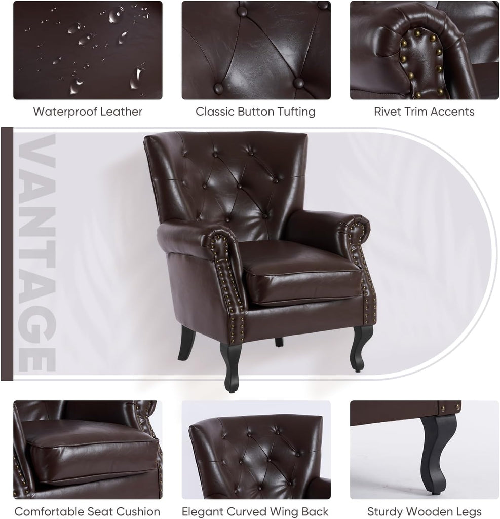 PU Leather Accent Chair, Mid-Century Modern Armchair Living Room Club Chair with Tufted Button & Rivet Trim
