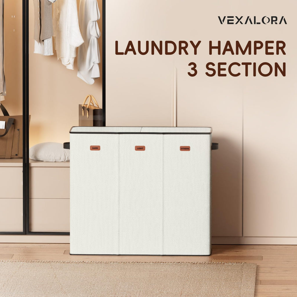 185L Triple Laundry Hamper with Lid, Dirty Clothes Hamper, Off-White