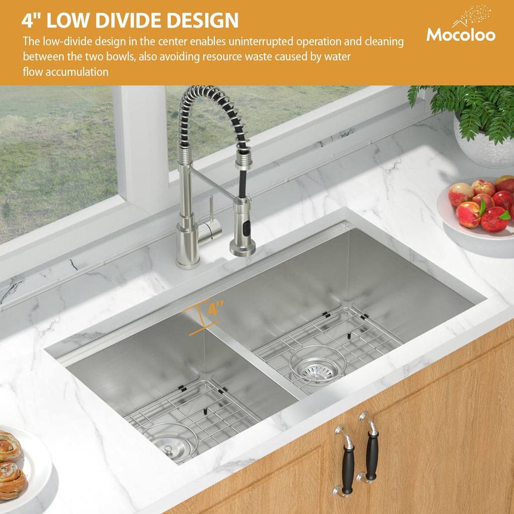 Double Bowl Kitchen Sinks - 50/50 Undermount Double Bowl 16 Gauge Low Divide Workstation 33 x 19 Inch Stainless Steel