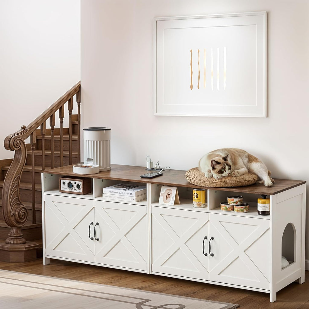 63" Double Cat Litter Box Enclosure for 2 Cats, Hidden Wooden Litter Box Furniture with Power Outlet