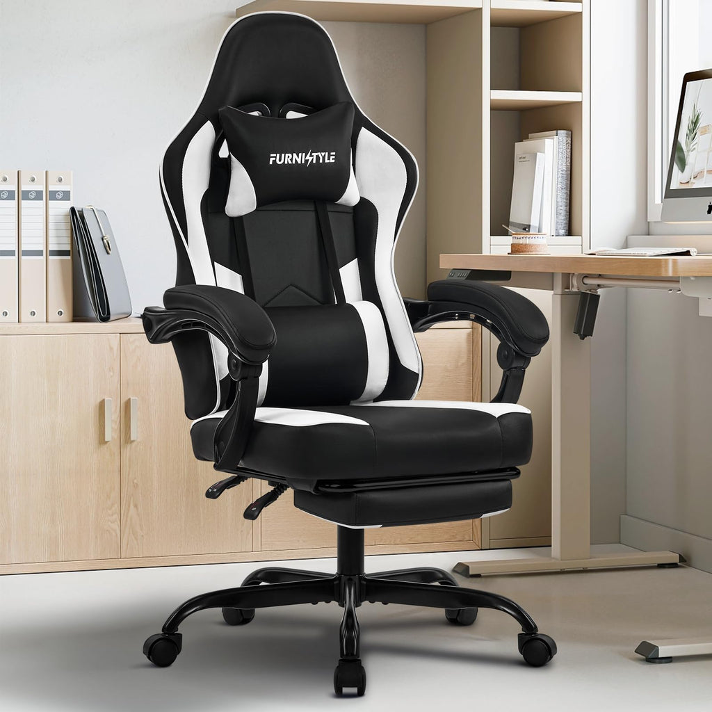 Gaming Chair with Footrest, Video Game Chairs for Adults, Black White