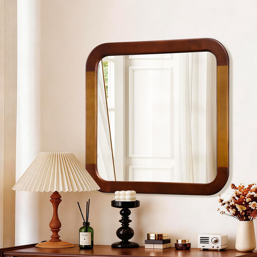 Bathroom Mirror 24 x 24 Inch, Brown Wood Walnut Square Tempered Wall Mirror