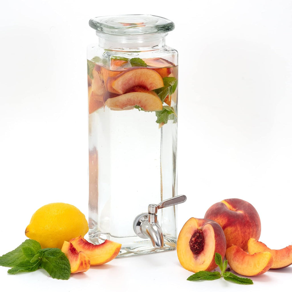 Square Glass Drink Dispenser for Parties - Stainless Steel Spigot + Marker & Label - 100% Leakproof Beverage