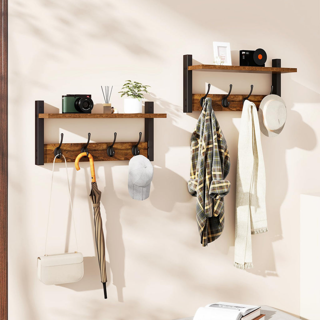 Coat Rack Wall Mount with Shelf and Hooks, Rustic Brown