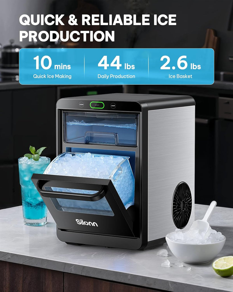 Nugget Ice Maker Countertop - 44lbs/24h Crushed/Pebble Ice Machine, Front Pull-Out Water Tank & Removable Basket