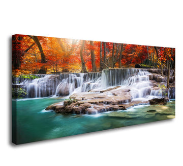 Wall Art Canvas Painting Red Forest Waterfalls 1 Piece Modern Landscape Tree Picture Poster Print Framed and