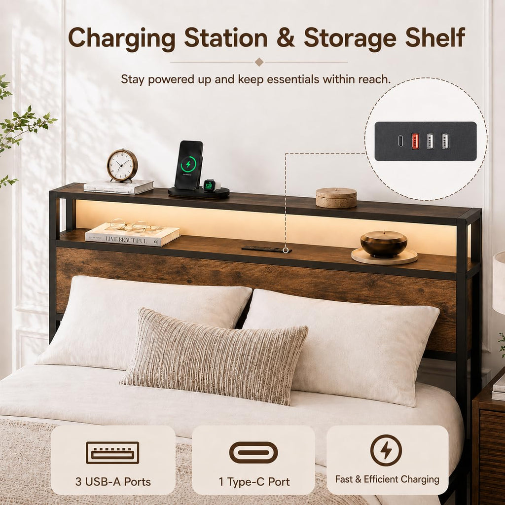 Full Size Bed Frame with Storage Drawers, Bed Frame Full Size with Headboard, LED Light, Charging Station with 3 USB