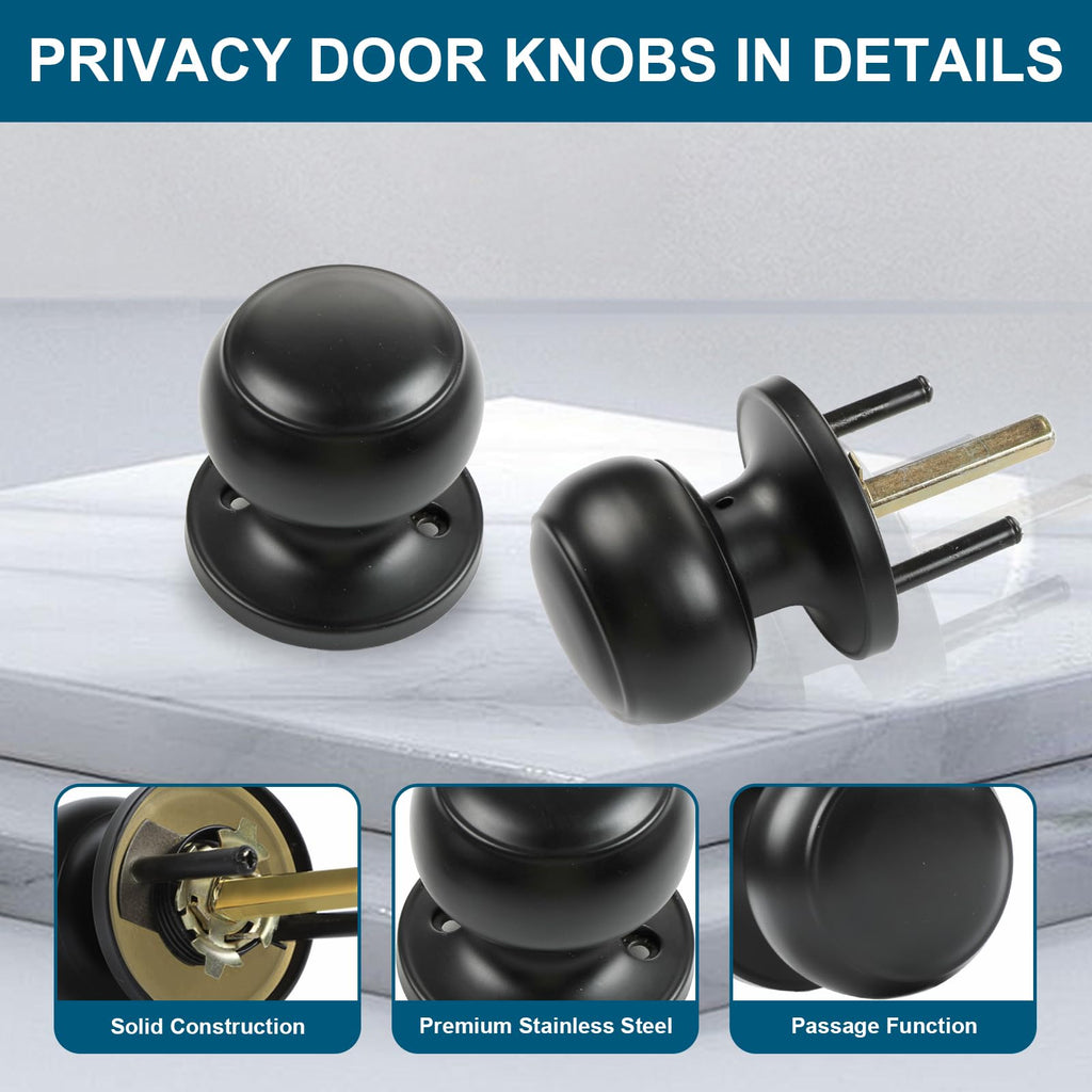Passage Door Knobs, 5 Pack Matte Black Door Knobs, & Closet Non-Locking Interior Round Door Handles Keyless
