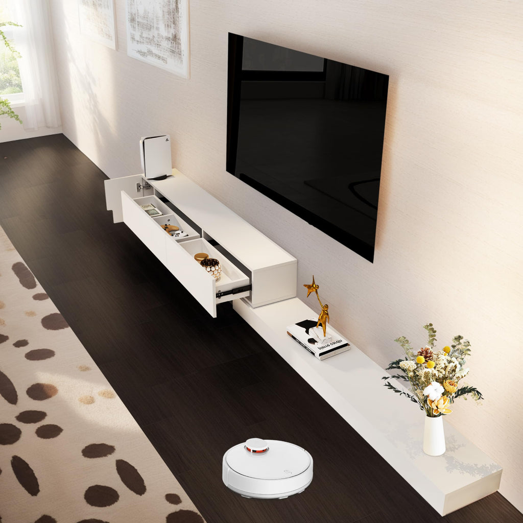 Retractable TV Stand, Solid Wood Minimalist TV Shelf, Mid-Century TV Console with 1 Door & 2 Drawers, Adjustable 71''