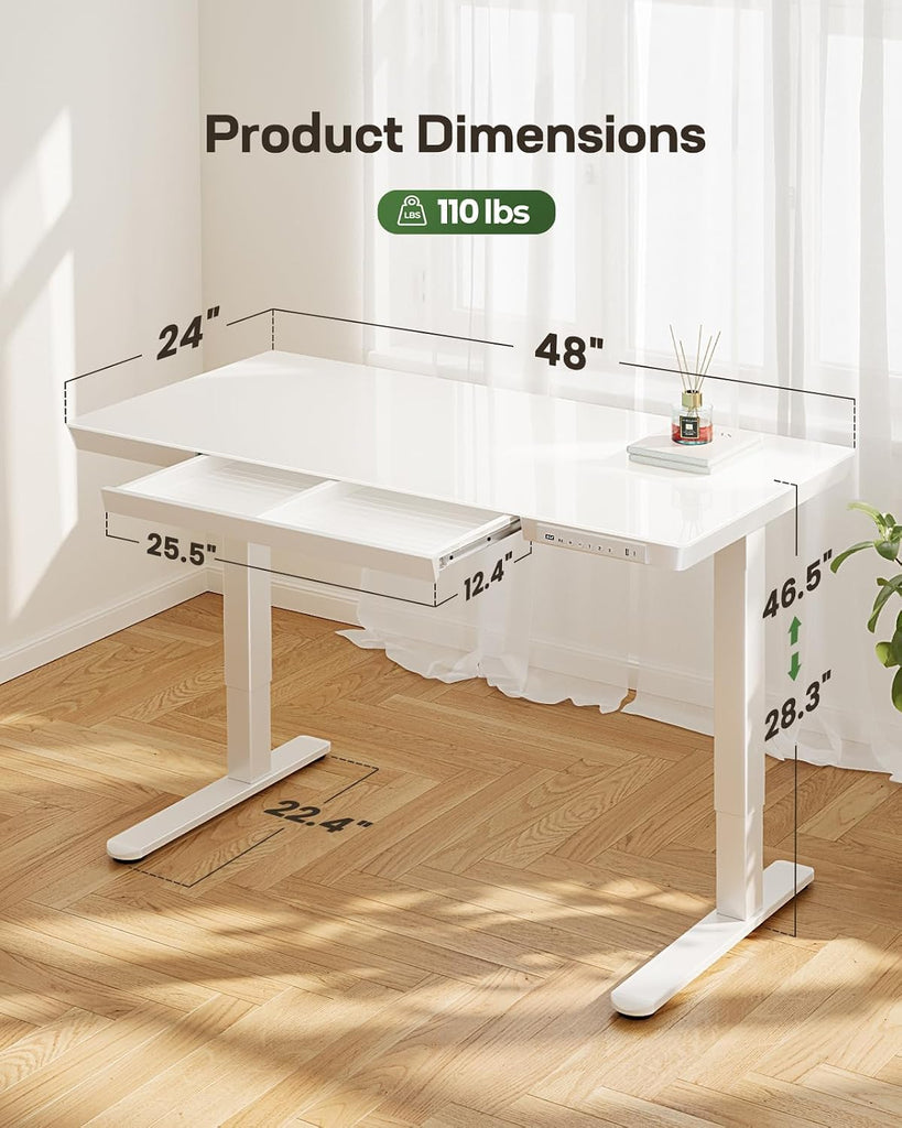 Glass Standing Desk with Drawer, 48 x 24 inch Electric Standing Desk, Height Adjustable Desk with One-Piece Tabletop