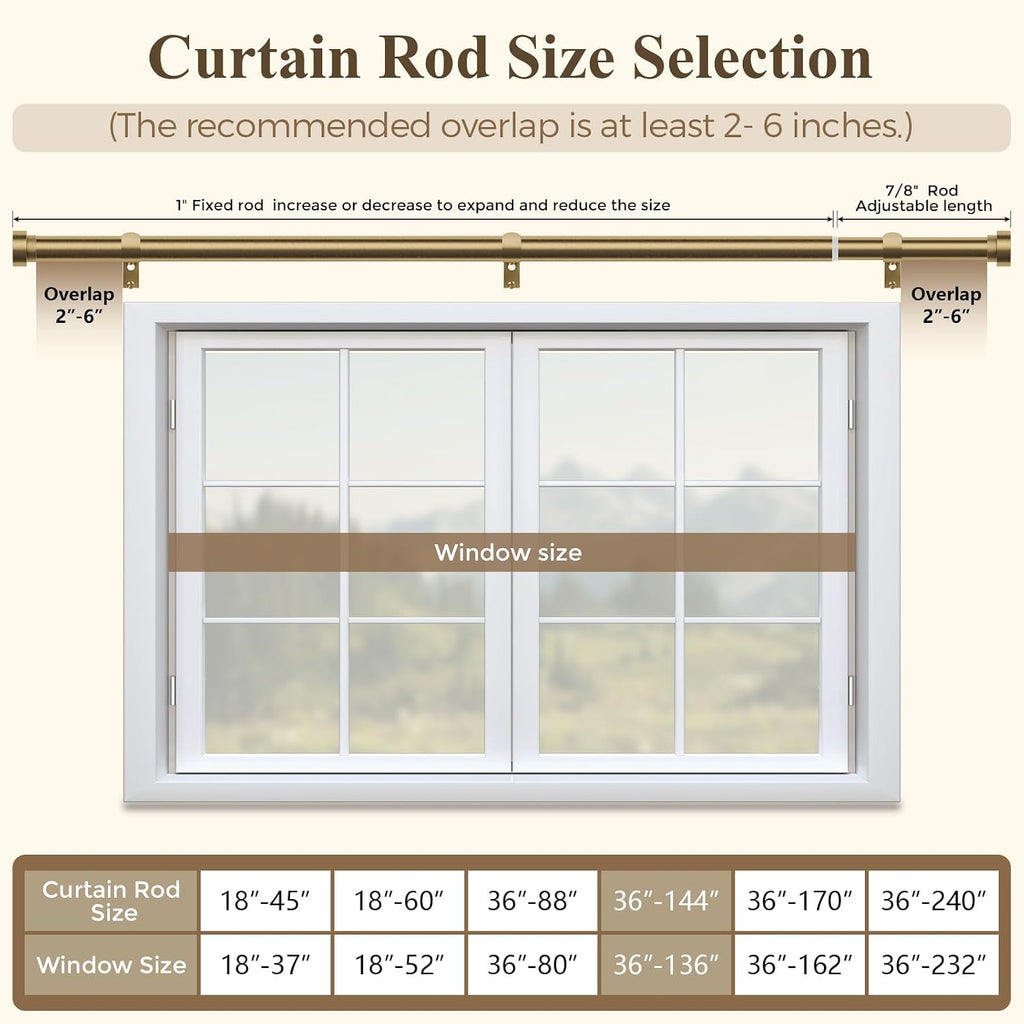 Brass Gold Curtain Rod 36 to 144 Inch, Brushed Warm Gold 1" Adjustable Long Heavy Duty Curtain Rods for Windows