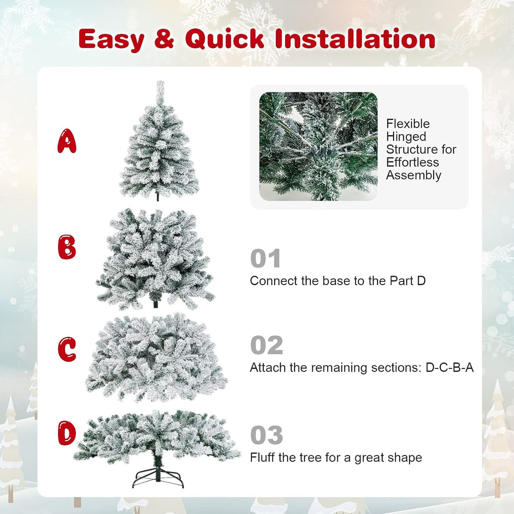 Flocked Christmas Tree Artificial Xmas Tree with 1498 PVC Branch Tips, Hinged Xmas Tree Life-Like Seasonal