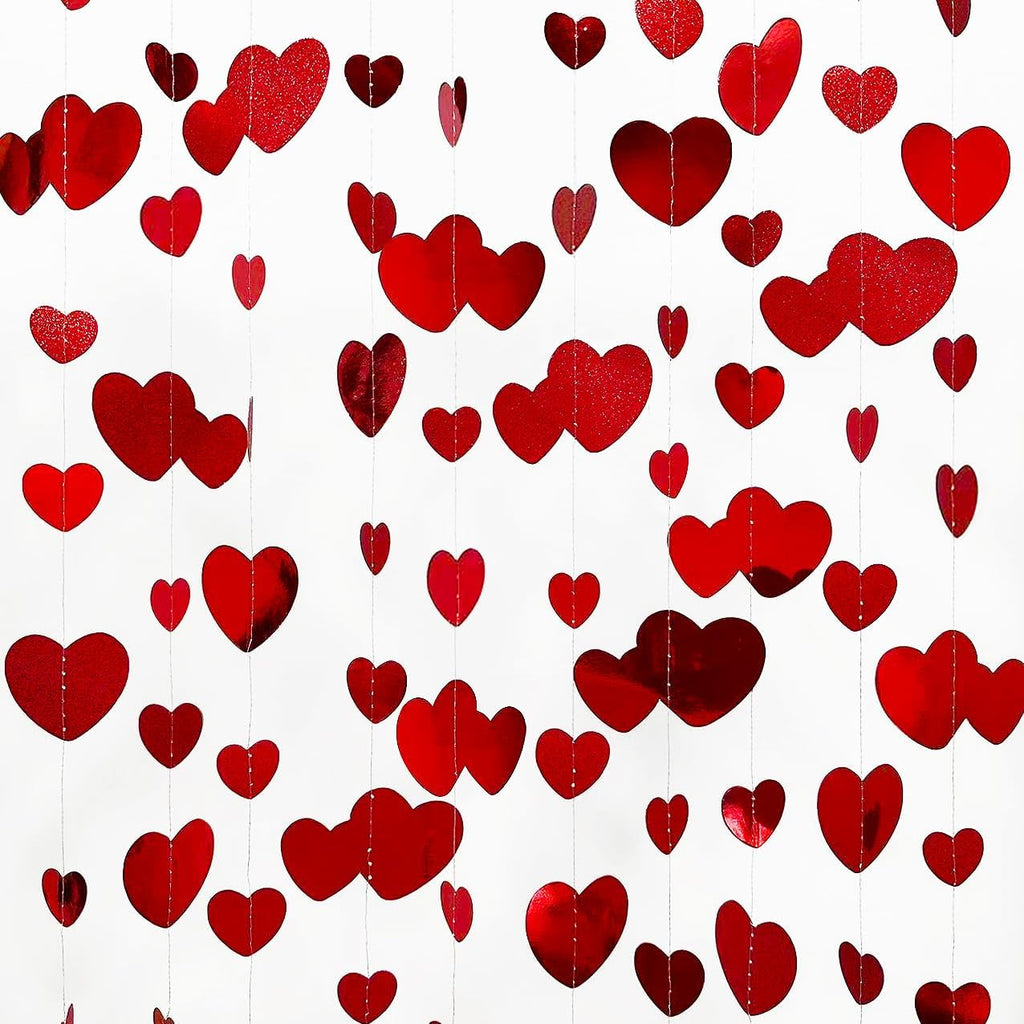 52Ft Valentines Day Party Decorations Red Heart Garland Metallic Glitter Hanging Heart Streamer Banner - Set of 4