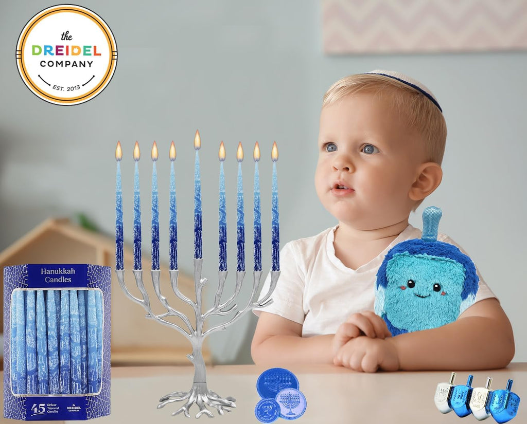 Hanukkah Candles Dripless Multi Blue Hued Frosted Deluxe Tapered Candles 1-Hour Burn Time Odorless 45 Candles for All - Set of 45