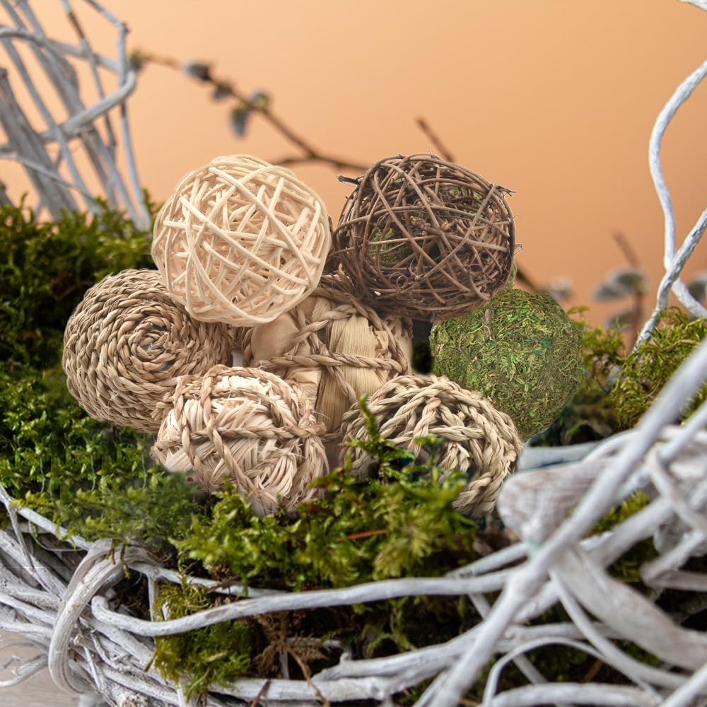 Decorative Filler Balls for Centerpiece , Decorative Wicker Rattan Balls Natural Tones Vase & Bowl Fillers - Set of 8