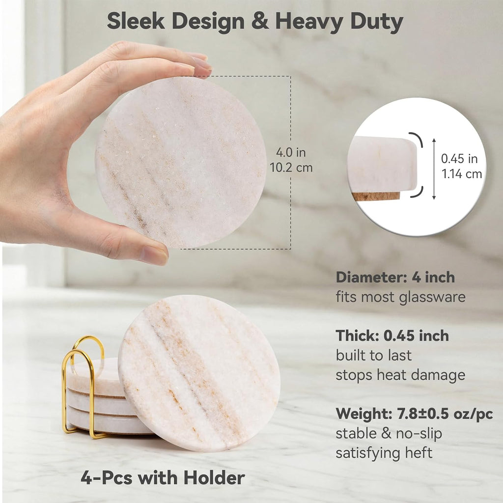 Creamy White Marble Coasters with Holder, Neutral Drink Coasters for Coffee Table, 4" Round Polished White - Set of 4