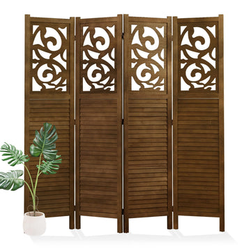 Folding Room Divider, 5.6Ft 4 Panels Wood Carved Privacy Screens, Free Assembled Freestanding Portable Reversible