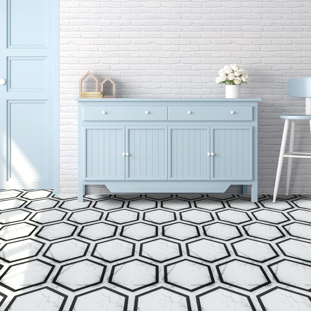 30-Pack Hexagon Peel and Stick Vinyl Floor Tiles, White Marble