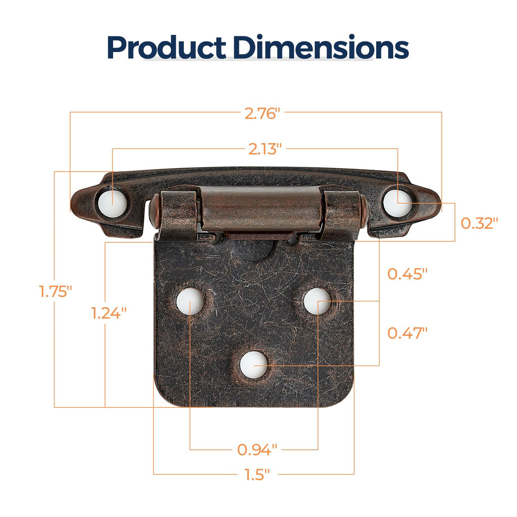 Antique Copper Cabinet Hinges 1/2 Inch Overlay 20 Pack(10 Pairs)