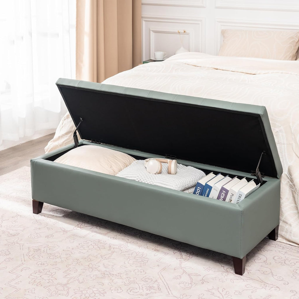 Ottoman with Storage, 51 Inch End of Bed Storage Bench, Faux Leather Upholstered Ottomans with Hinged Lid, Rectangle